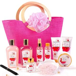 Green Canyon Spa Bath Gift Set for Her in Pink Straw Bag 11 Pcs Cherry Blossom Hampers for WomenBirthday Gift for HerLuxury Pamper Sets for Women