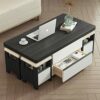 HMBB Lift Top Coffee Table 47.2 Coffee Table with 2 Storage Drawers and Hidden Compartment MultiFunctional Folding Dining Table with 4 Stools for