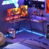 CubiCubi Corner Gaming Computer Desk - 128 x 128 cm L-Shaped Table with LED Ribbon and Screen Stand, Headset Hook for Study, Play, Work, Bedroom,