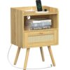 SUPERJARE Nightstand with Charging Station  RattanLike Decor Drawer Rattan End Table with Solid Wood Feet Bed Side Table with Open Storage for Be