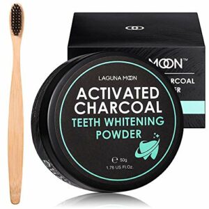 Lagunamoon Activated Charcoal Natural Teeth Whitening Powder with Bamboo Brush No Hurt on Enamel or Gum Alternative to Toothpaste Strips Kits Gel