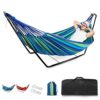 Hammock with Stand, Double Cotton Hammock with Spreader Bars, Space-Saving and Adjustable Steel Stand Perfect for Garden Camping Travel Backyard,