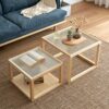 NIZAME Solid Wood Coffee Table Japanese Style Square Combination Glass Closed Edge Design Double Storage Mortise and Tenon Construction Modern Li