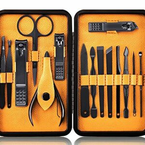 Manicure Set Nail Set Nail Clipper Kit Professional  Stainless Steel Pedicure Set Nail Grooming Kit of 15pcs with Case for Travel BlackYellow