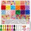 Cridoz Bead Bracelet Making Kit with Pony Beads, Polymer Fruit Clay Beads, Smile Face Charm/ Letter Beads for Friendship Bracelets and Jewelry Ma