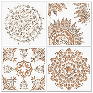 MWOOT 4 Pieces Mandala Painting Drawing Stencils,Reusable Large Paint Templates for Canvas Furniture Wall Design Decors Craft,Mandala Flower Draw