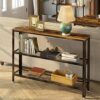 Rolanstar Narrow Console Table Rustic Sofa Table with 2 Mesh Shelves Entryway Table with Retro Metal Frame for Entryway Living Room