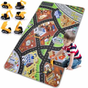 Kids Play Mat Playroom Rug  3D City Engineering Rugs Carpet with 8 Twoway Hot Wheels Track 6 Mini Engineer Pull Back Car Toys and Nonslip Design