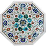 15 x 15 Inches Patio Coffee Table Top Inlaid with Multicolor Stone Octagon Shape White Marble End Table from Vintage Art and Crafts
